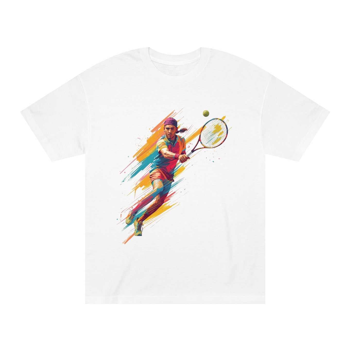 Tennis Player Graphic Tee — Colorful Action Racquet Design Shirt