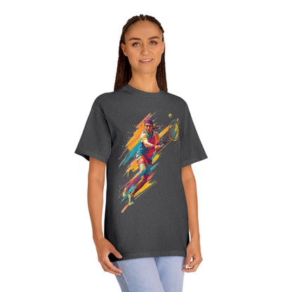 Tennis Player Graphic Tee — Colorful Action Racquet Design Shirt