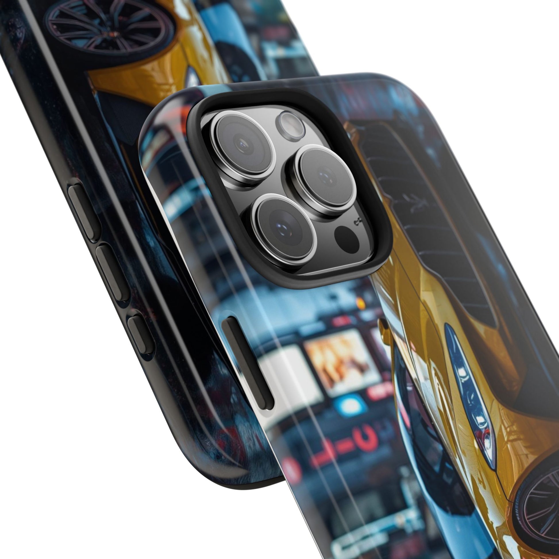 Phone case with urban street scene design featuring a taxi and buildings.