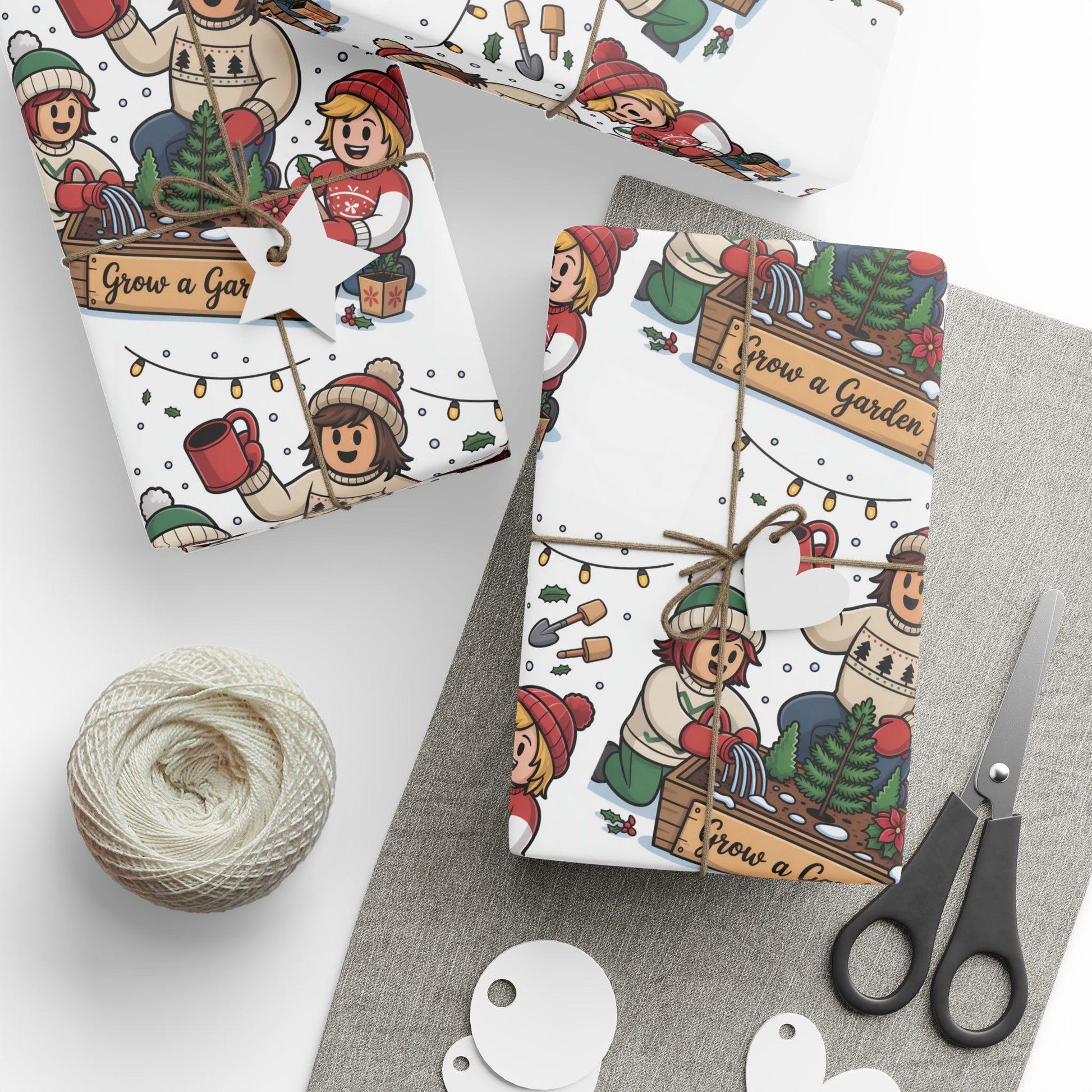 Gift wrap with Christmas-themed design with scissors, and twine on a white background.