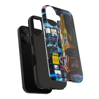 Phone case with a cityscape design featuring a taxi and neon lights.