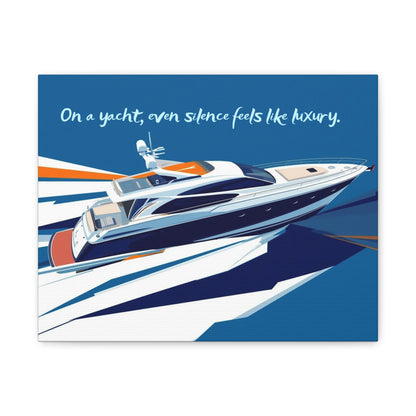 Yacht illustration with a blue background and text 'On a yacht, even silence feels like luxury.'