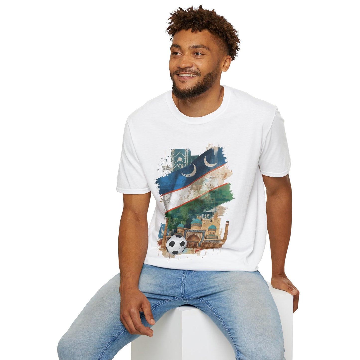 Uzbekistan Flag Soccer T-Shirt — Crescent Emblem & Landmark Design Tee
