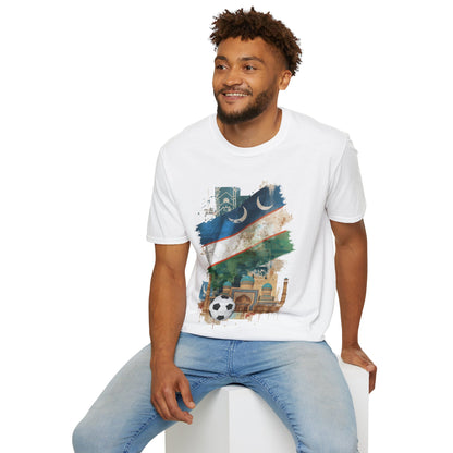 Uzbekistan Flag Soccer T-Shirt — Crescent Emblem & Landmark Design Tee
