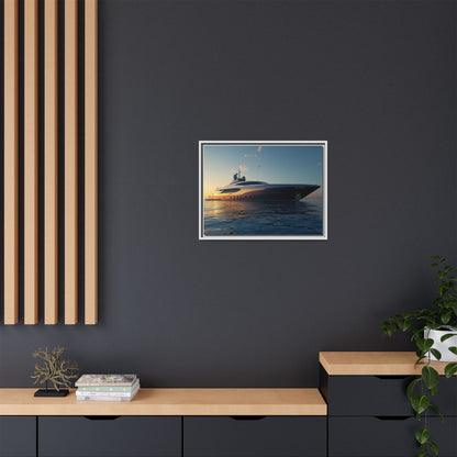 Framed photograph of a yacht on a dark wall with wooden shelves and decor.