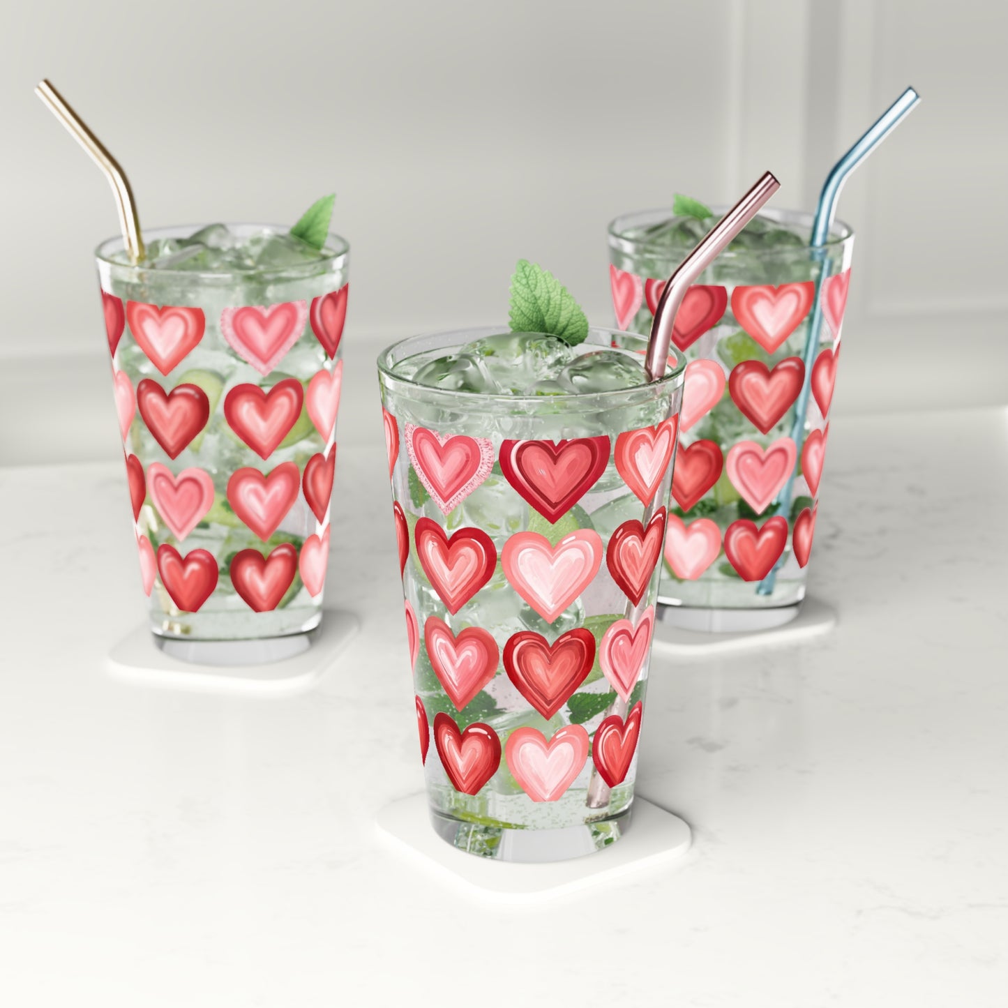 Valentine Heart Pattern Pint Glass — 16oz Romantic Red & Pink Glass