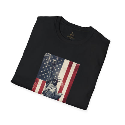 Statue of Liberty American Flag Soccer T-Shirt — Patriotic USA Graphic Tee