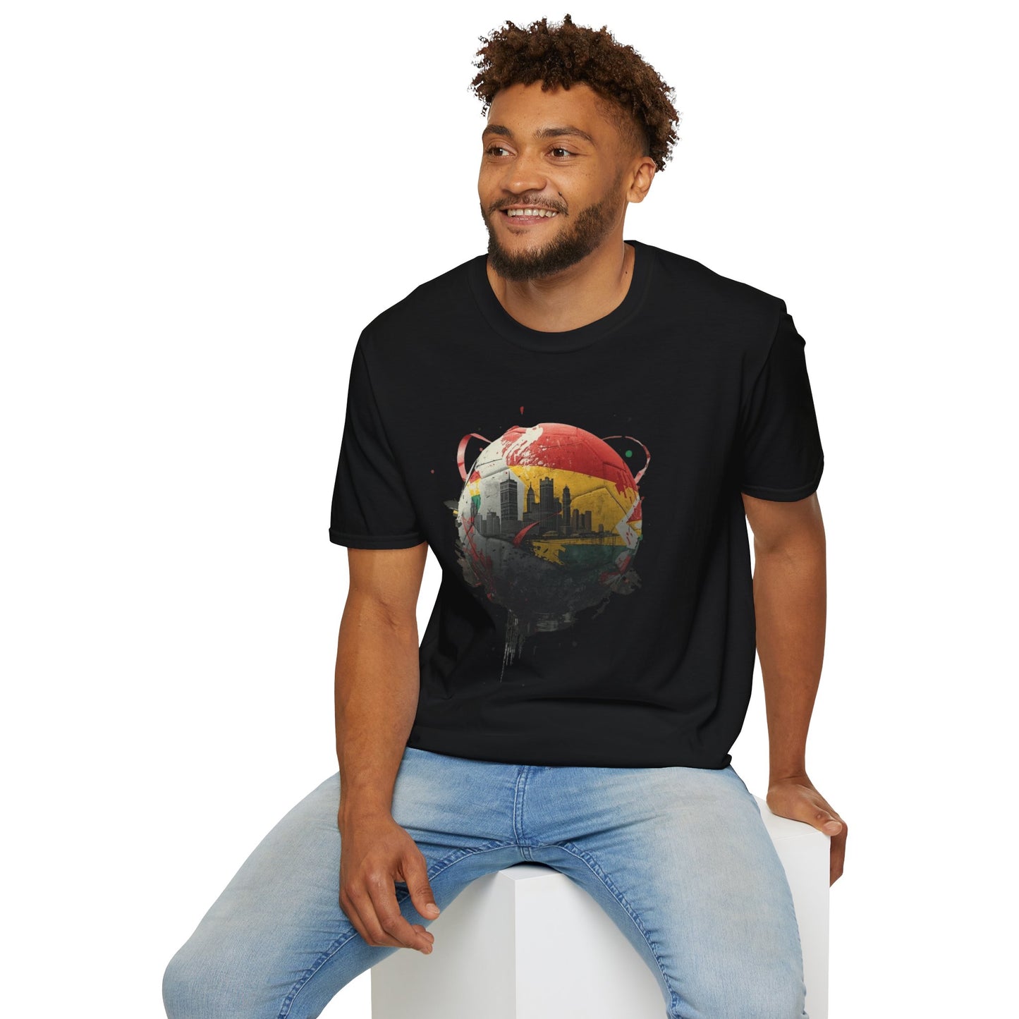 Ghana Soccer Ball with Accra Skyline and Flag Drips T-shirt Fan Tee