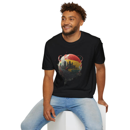 Ghana Soccer Ball with Accra Skyline and Flag Drips T-shirt Fan Tee