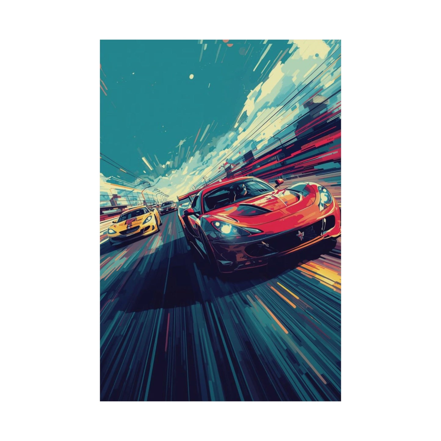 Artistic depiction of two racing cars on a city street with dynamic lines and colors.