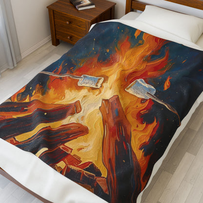 Bonfire Marshmallow Plush Blanket — Cozy Velveteen Throw for Camping Nights & Outdoor Gatherings