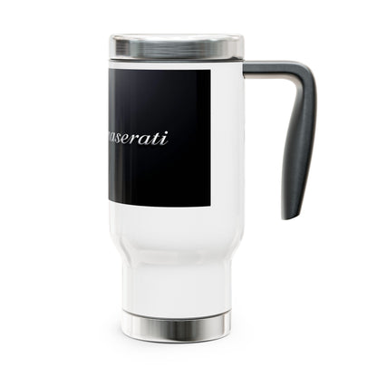 White travel mug with black accent and 'Lancerati' branding on a white background