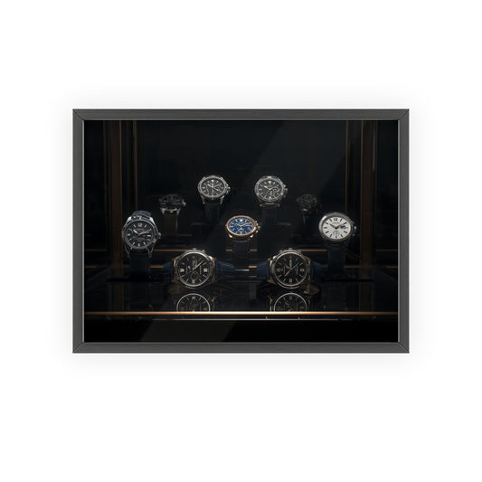 Collection of watches in a black display case on a white background