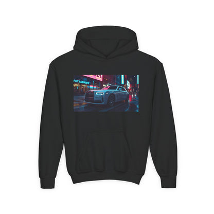 Black hoodie with a colorful graphic of a car and neon signs on the back, on a white background.