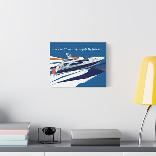 Yacht illustration wall art with a blue background in a white wall above a desk with books and a lamp.