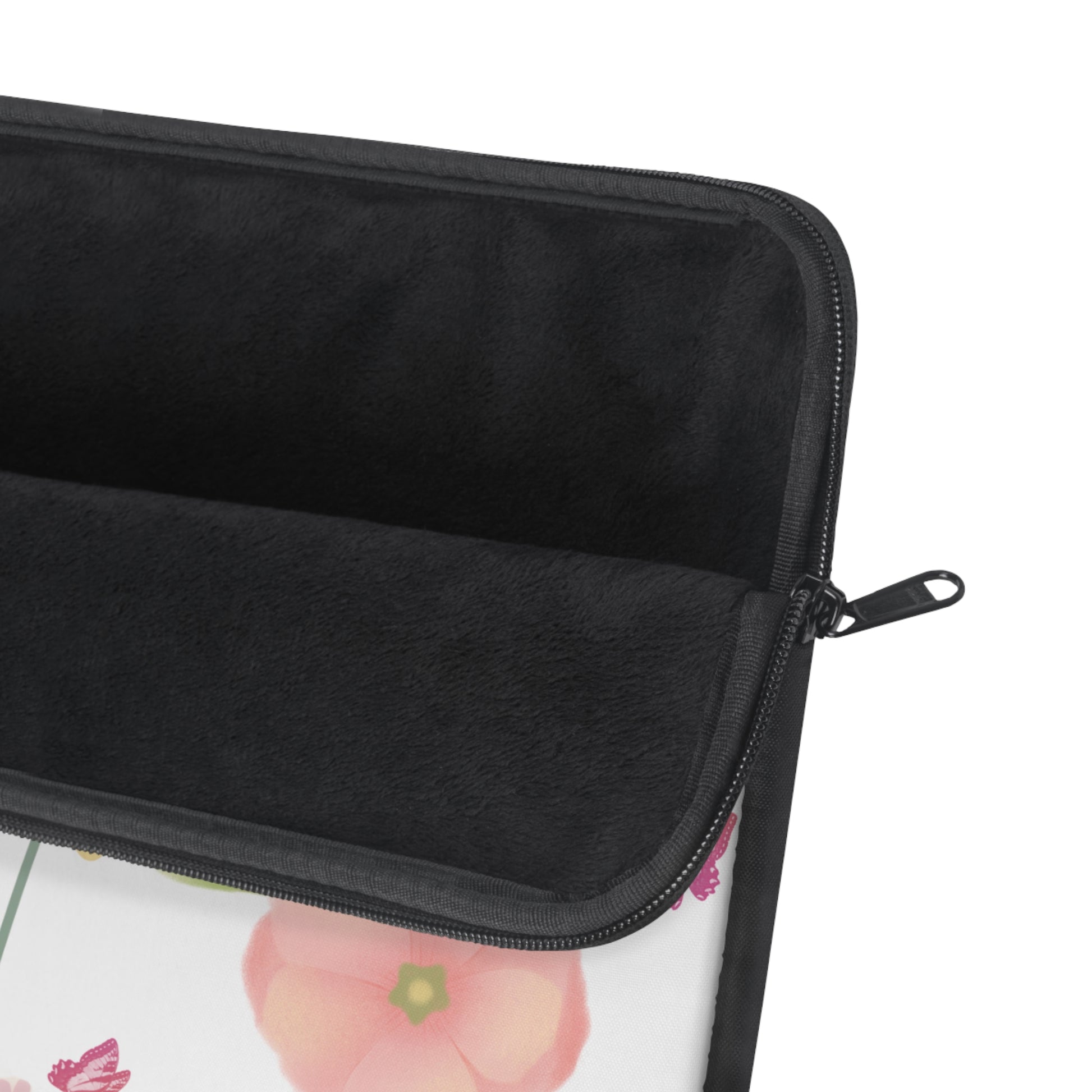 Black zippered pouch with floral design on a white background
