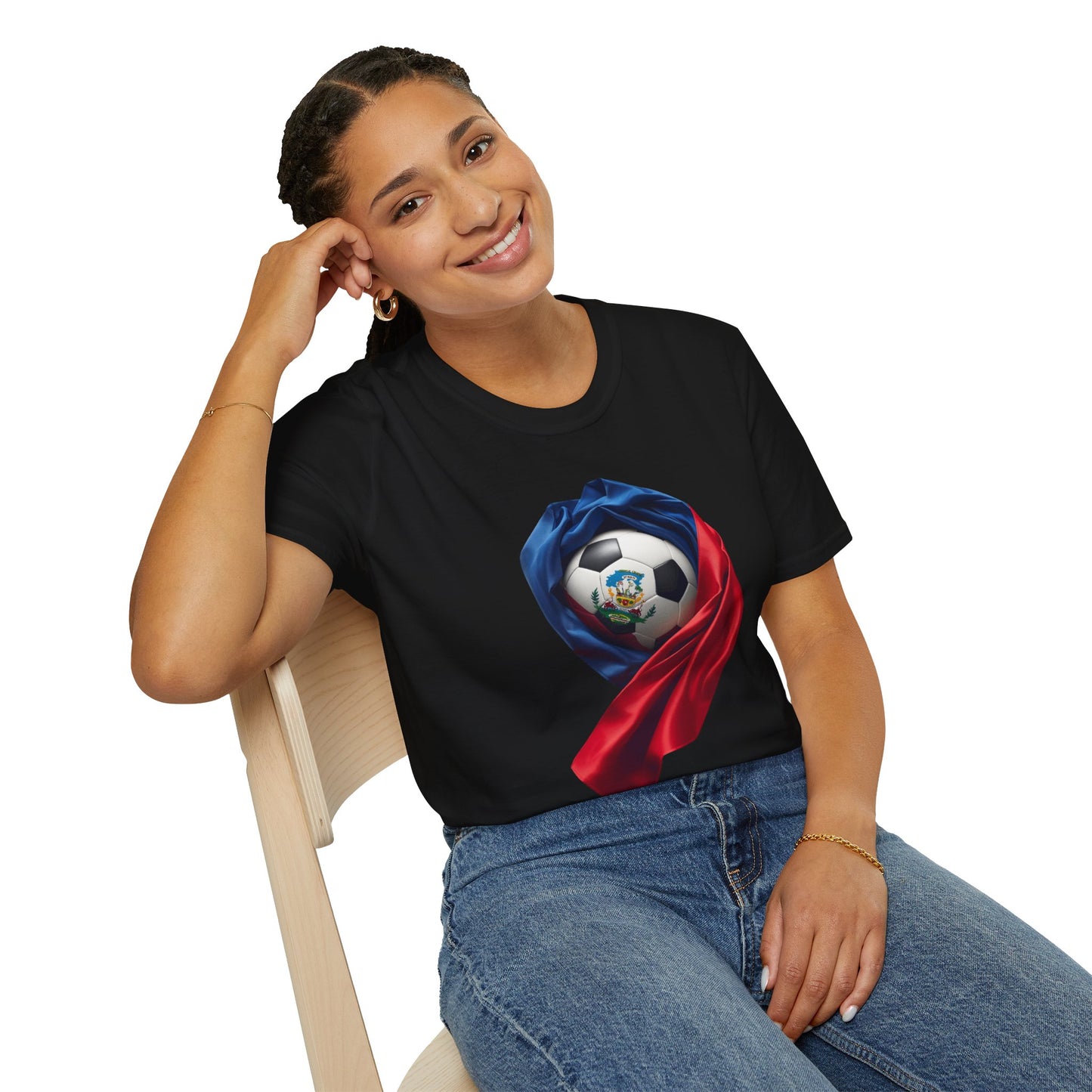 Haitian Soccer Ball T-shirt Enveloped in Flag Fabric with Coat of Arms Tee