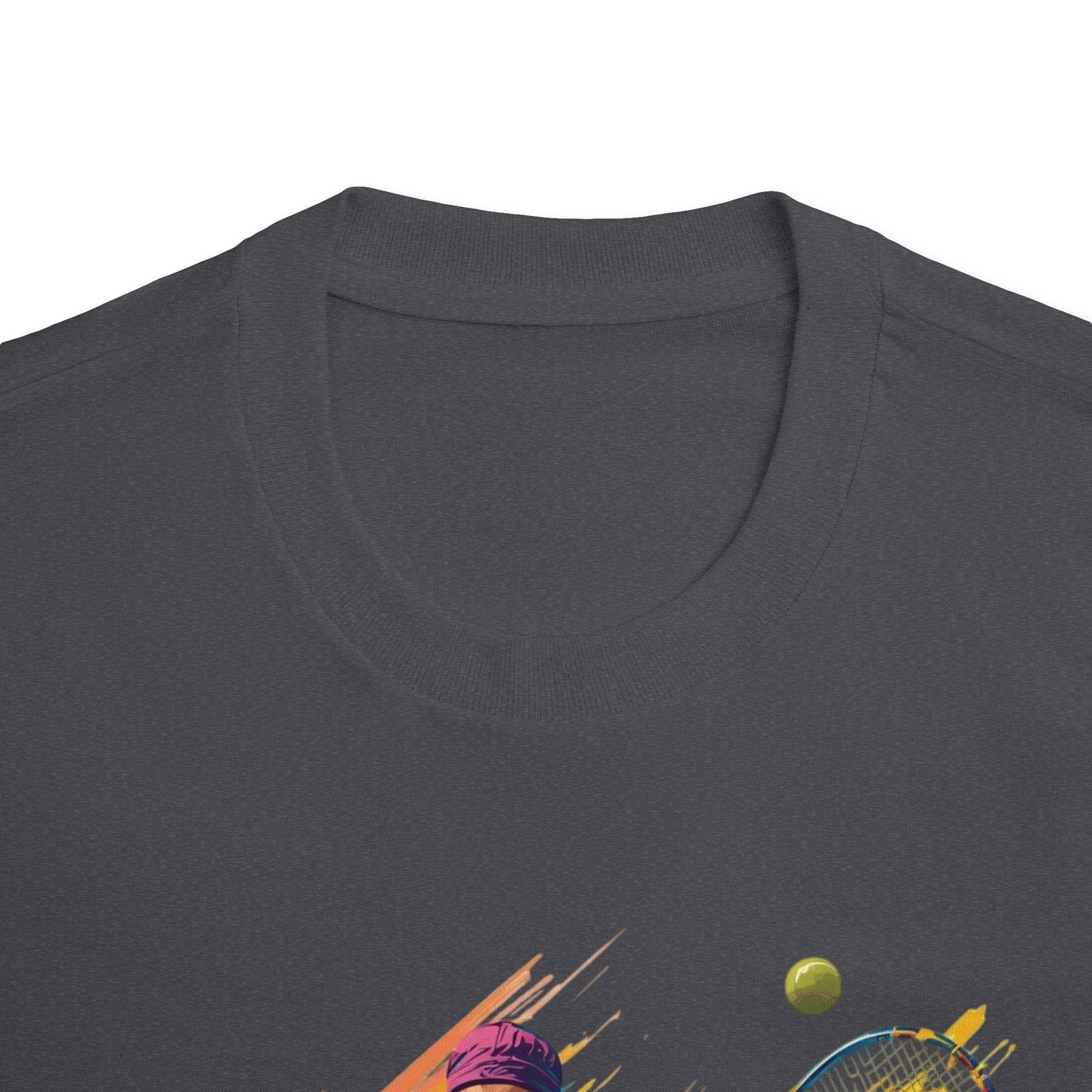 Tennis Player Graphic Tee — Colorful Action Racquet Design Shirt