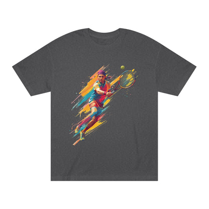 Tennis Player Graphic Tee — Colorful Action Racquet Design Shirt