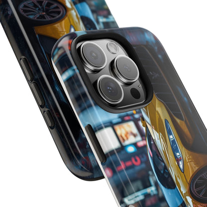 Phone case with a cityscape and car design on a white background