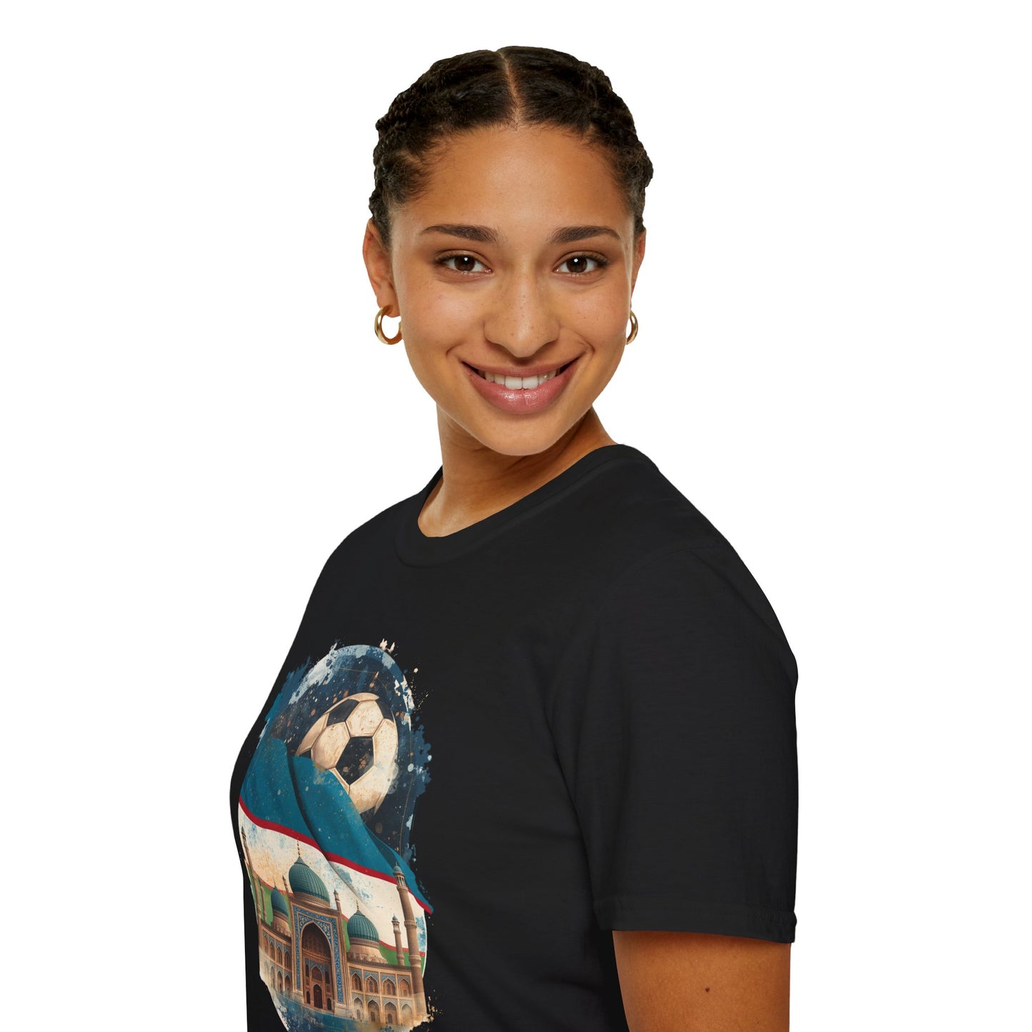Uzbekistan Football Pride T-shirt Historic Madrasa and Vintage Soccer Ball Tee