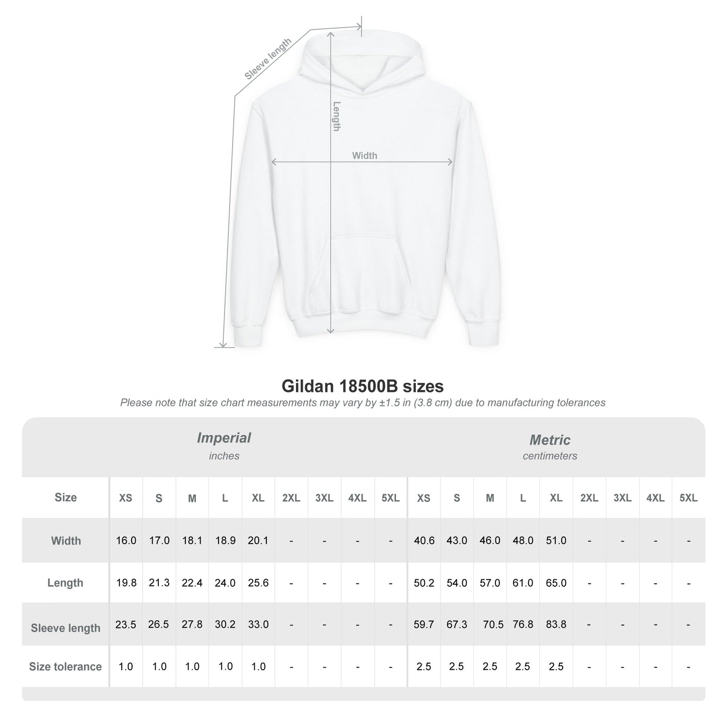 White hoodie with size chart measurements on a white background