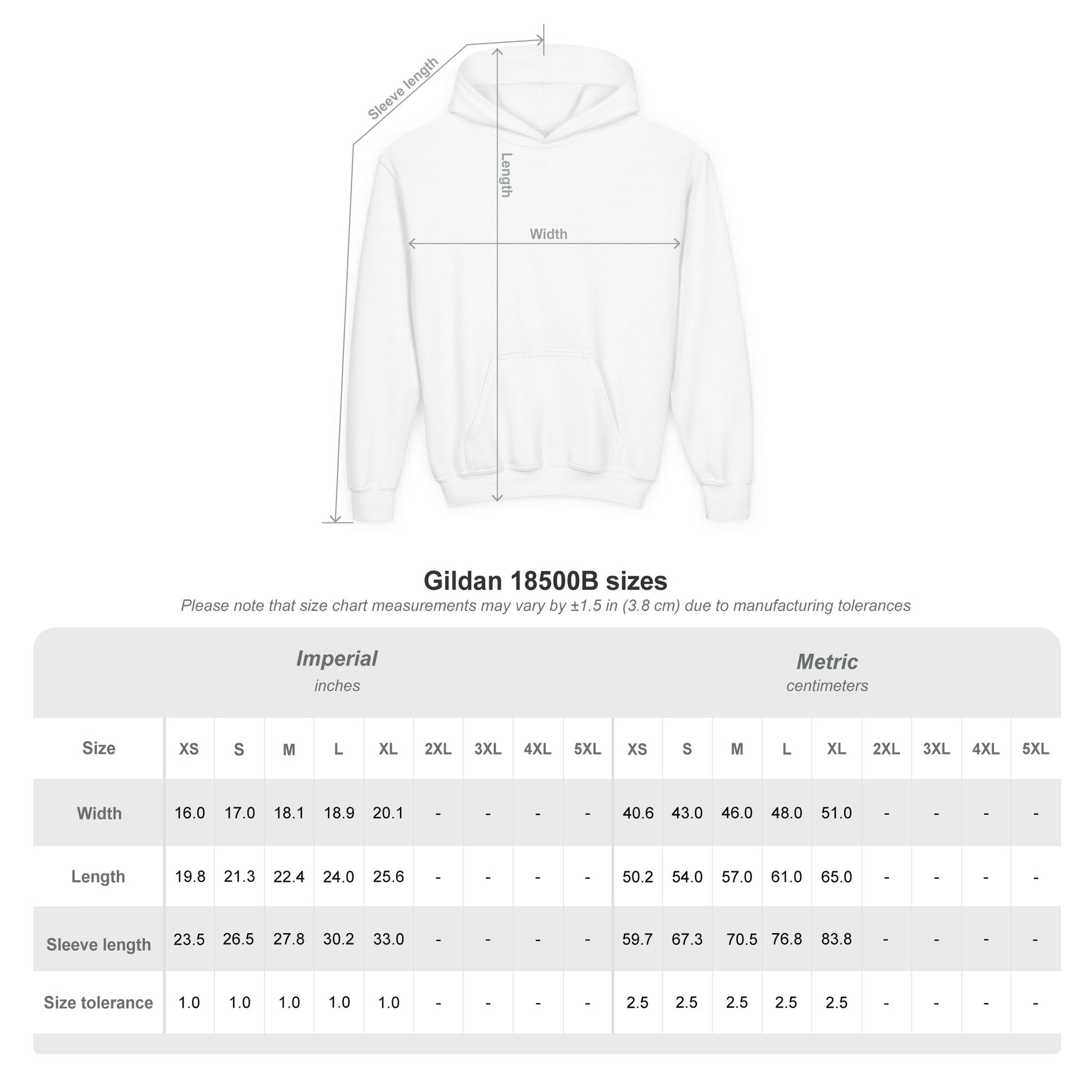 White hoodie with size chart measurements on a white background