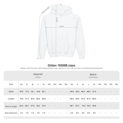 White hoodie with size chart measurements on a white background