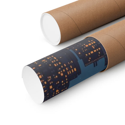 Roll of paper with cityscape design on a cardboard tube against a white background