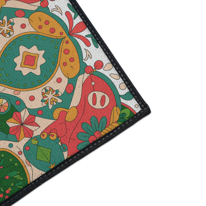 Colorful patterned rug with geometric shapes and vibrant colors on a white background