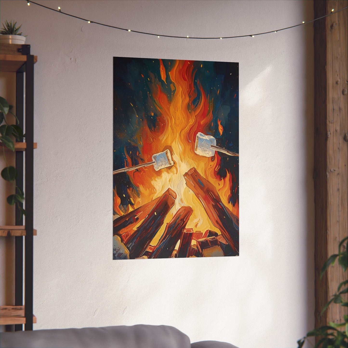 Wall tapestry of a campfire with marshmallows over a white wall.