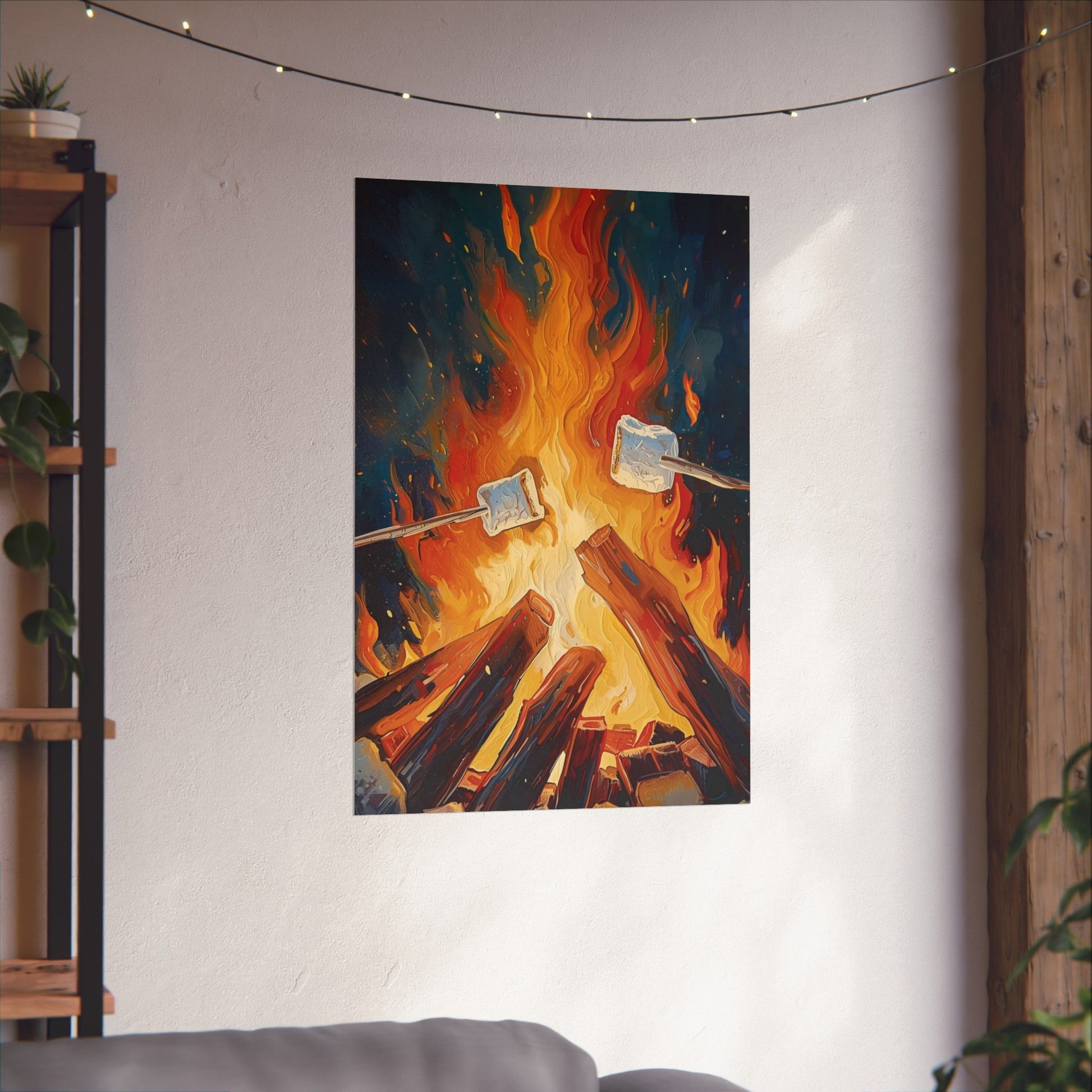 Wall tapestry of a campfire with marshmallows over a white wall.