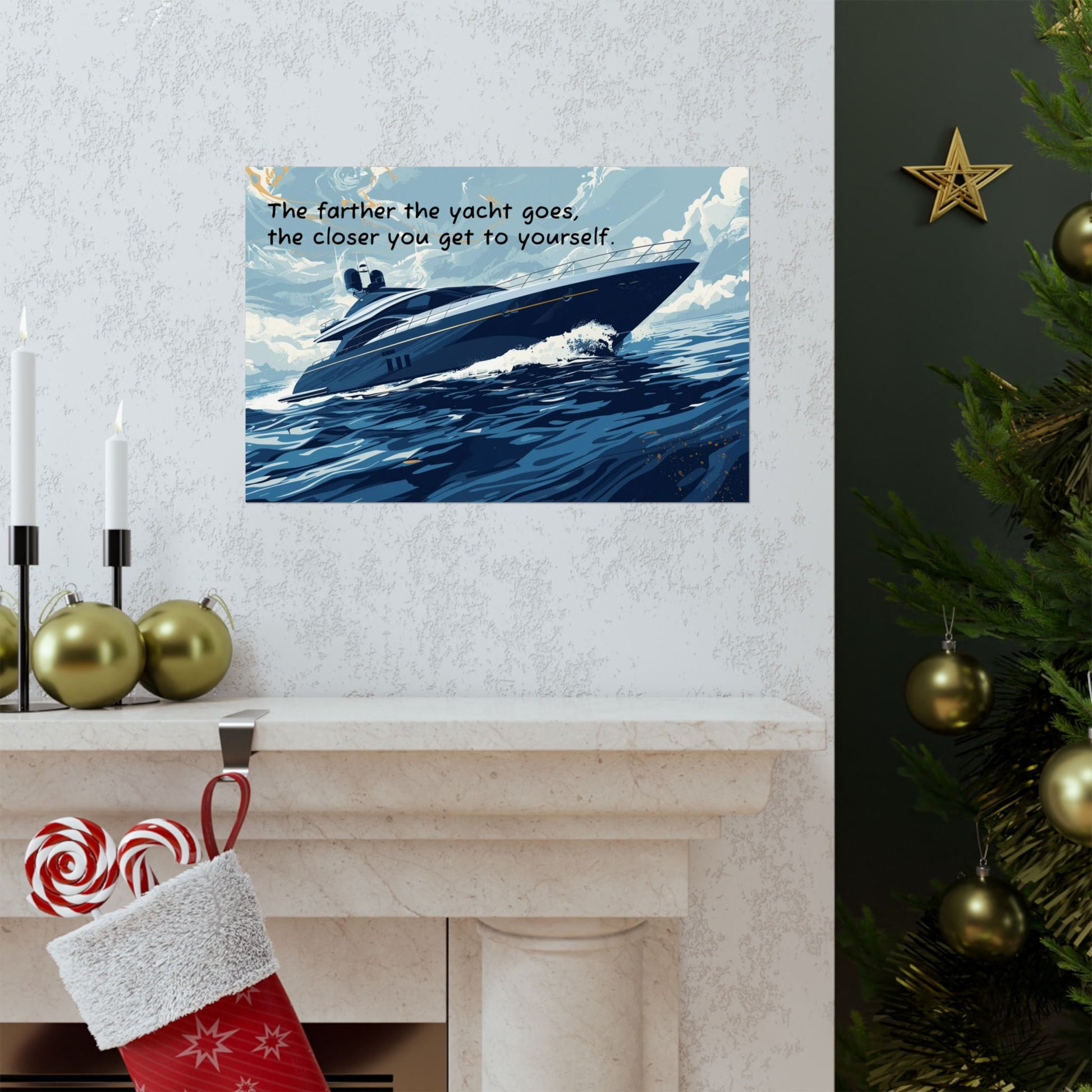 Framed artwork of a yacht on a wall above a fireplace with Christmas decorations.