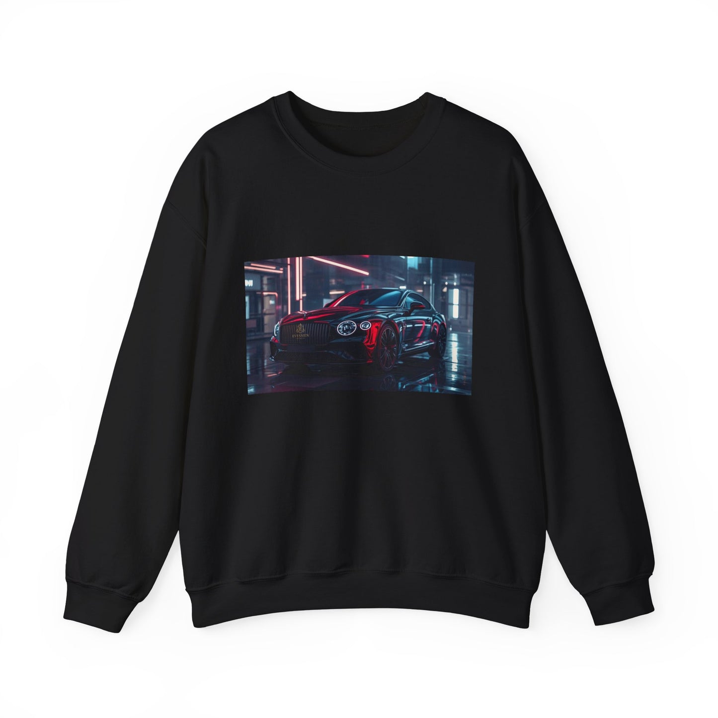 Black sweatshirt with a car graphic on a white background