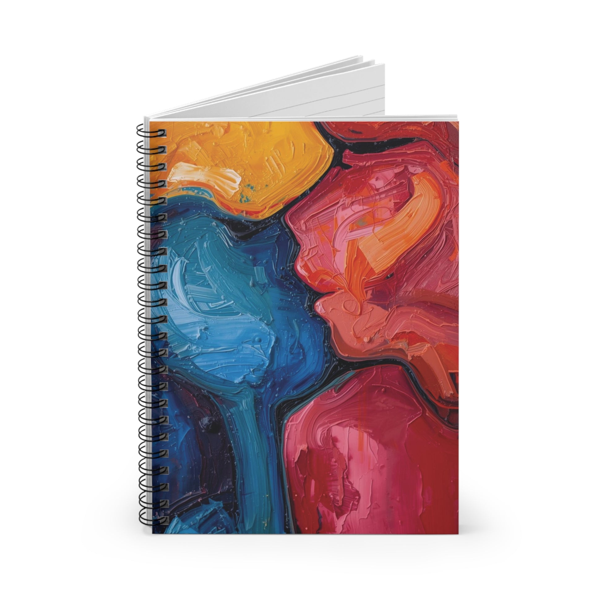 Spiral-bound notebook with a colorful abstract design on the cover