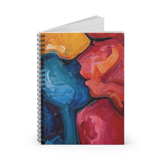 Spiral-bound notebook with a colorful abstract design on the cover