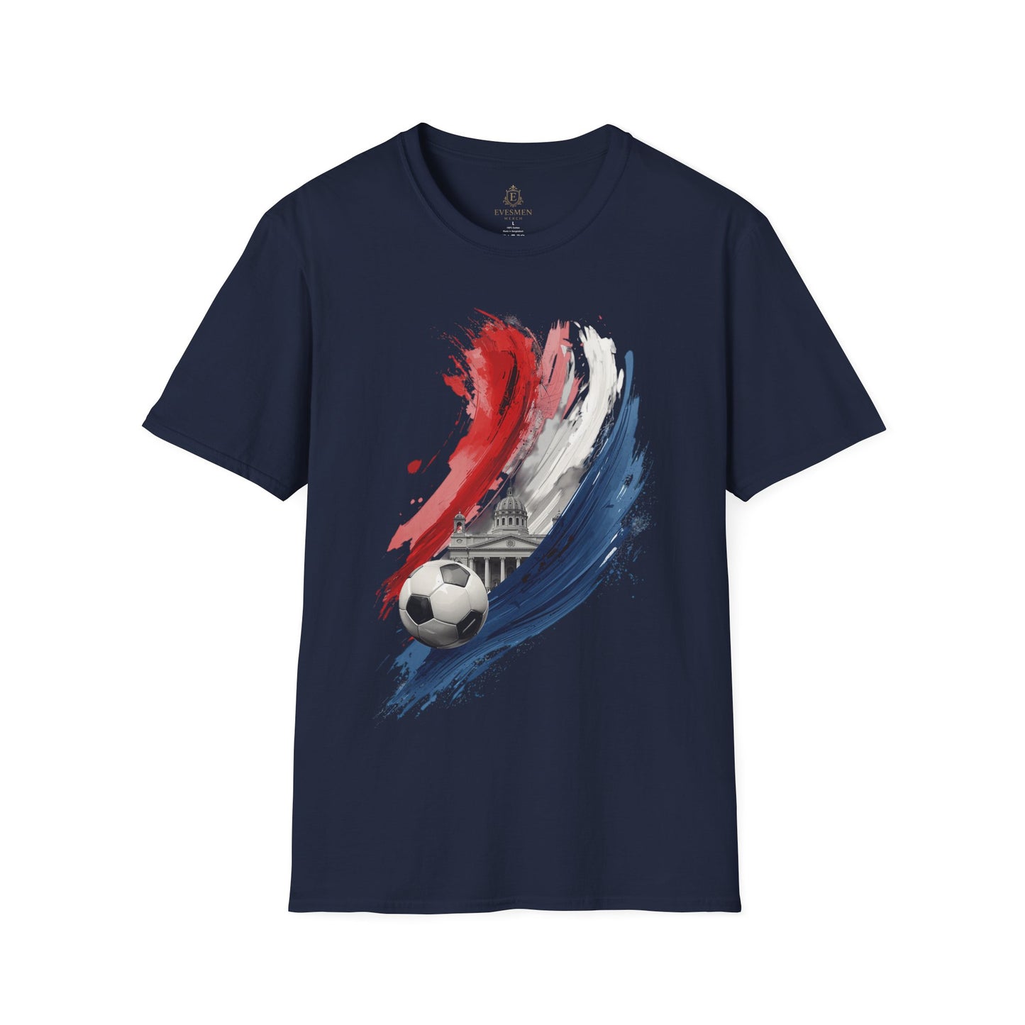 Navy blue t-shirt with a graphic design of a soccer ball and colorful abstract strokes on a white background.