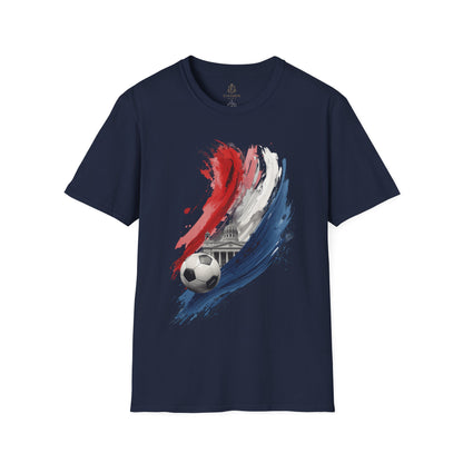 Navy blue t-shirt with a graphic design of a soccer ball and colorful abstract strokes on a white background.