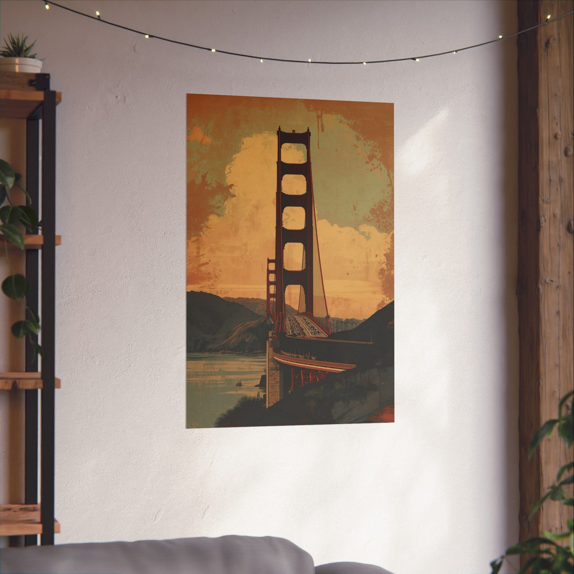 Poster of the Golden Gate Bridge on a wall in a room with a shelf and plants.