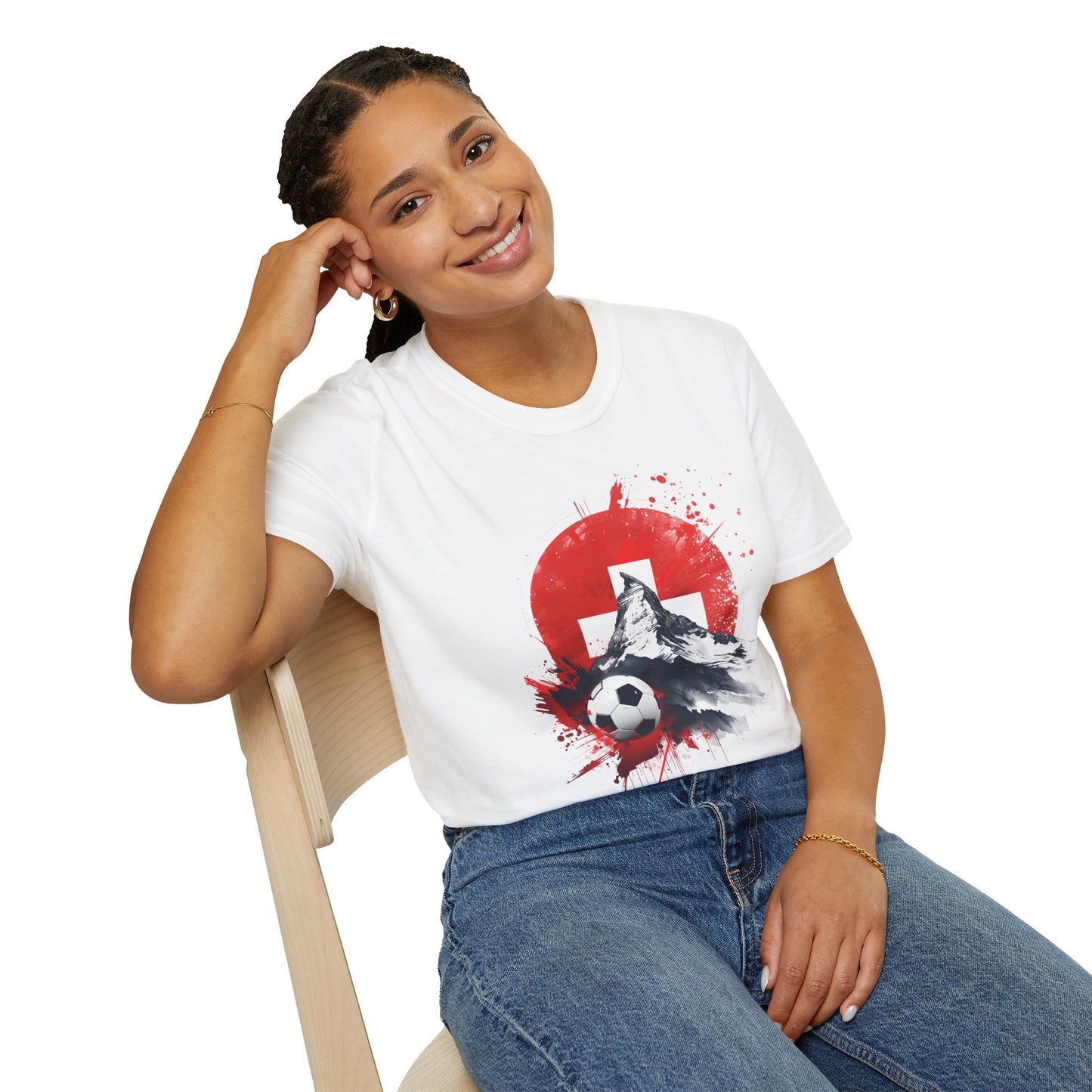 Swiss Flag Soccer T-Shirt with Grunge Paint Splatter and Alps Peak Design Tee