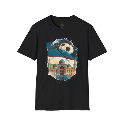Uzbekistan Football Pride T-shirt Historic Madrasa and Vintage Soccer Ball Tee