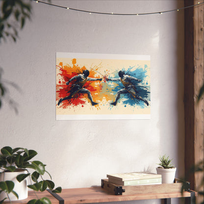 Colorful painting of two figures in a dynamic pose on a wall above a wooden shelf with books and plants.