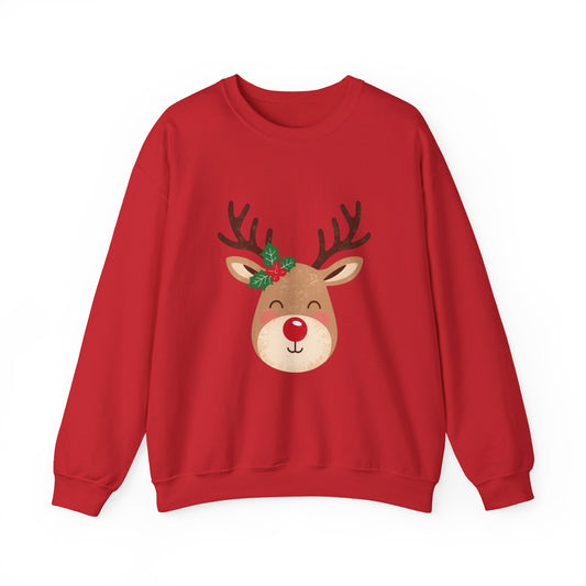 Red sweatshirt with a reindeer face design on a white background
