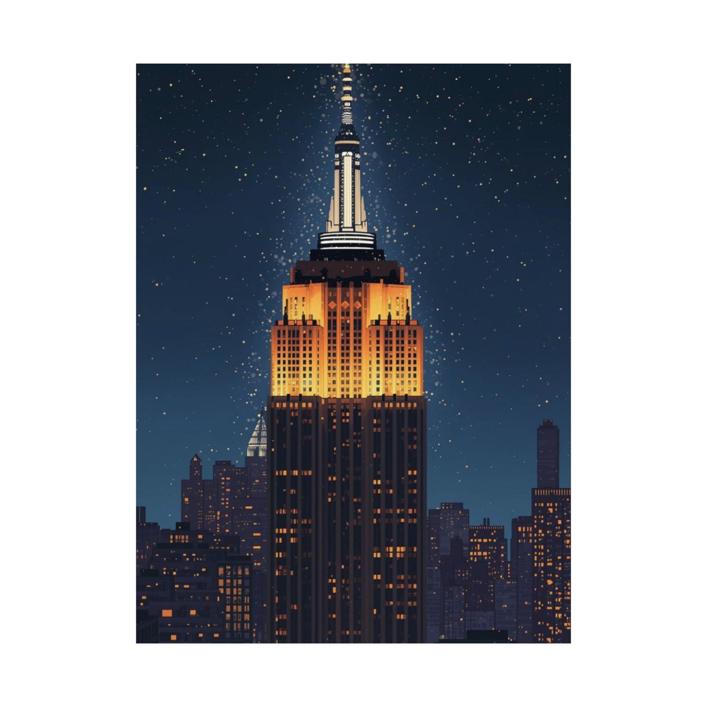 Illustration of the Empire State Building at night with a starry sky.