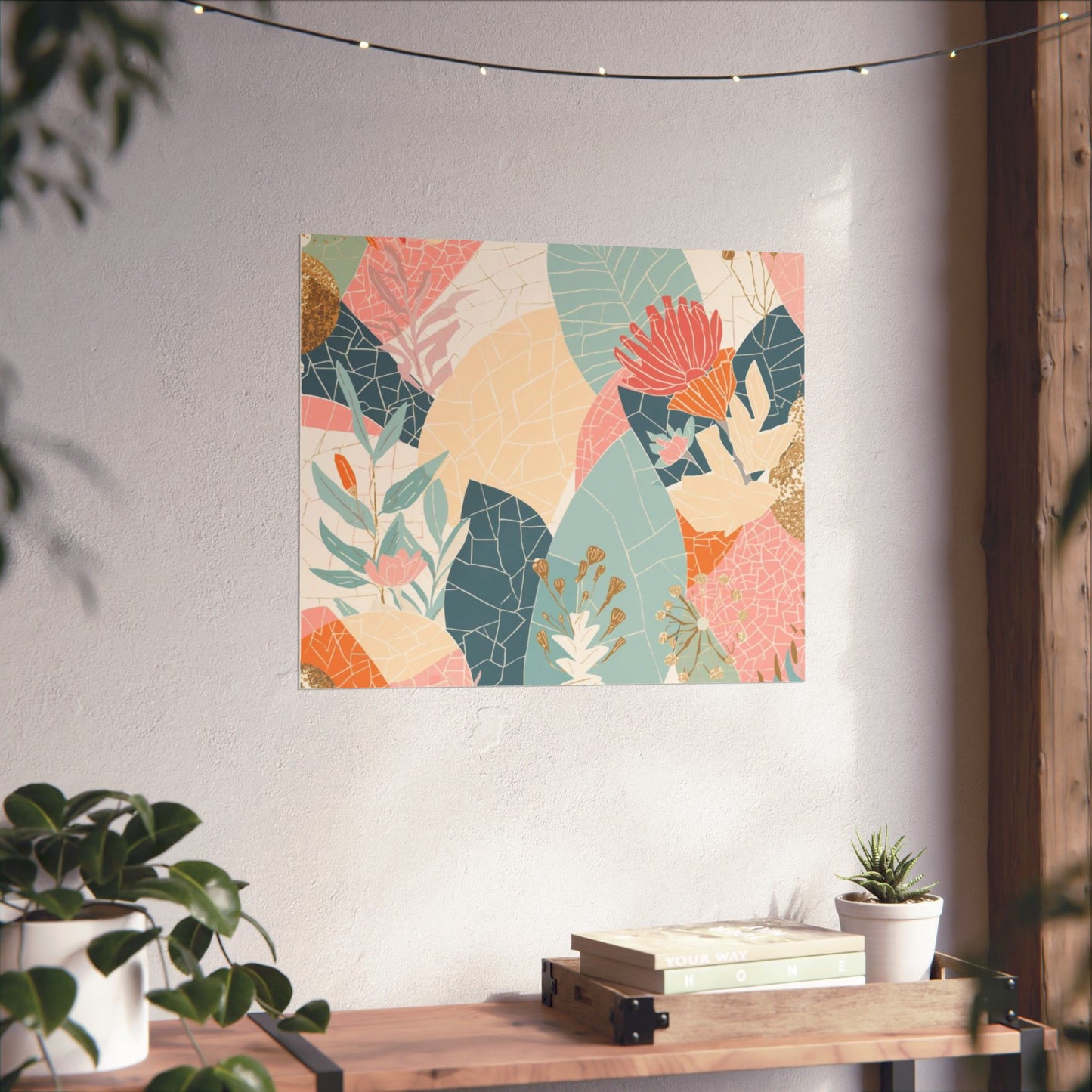 Botanical Mosaic Matte Horizontal Poster — Pastel Floral Wall Art, Calm Home Decor