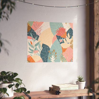 Botanical Mosaic Matte Horizontal Poster — Pastel Floral Wall Art, Calm Home Decor
