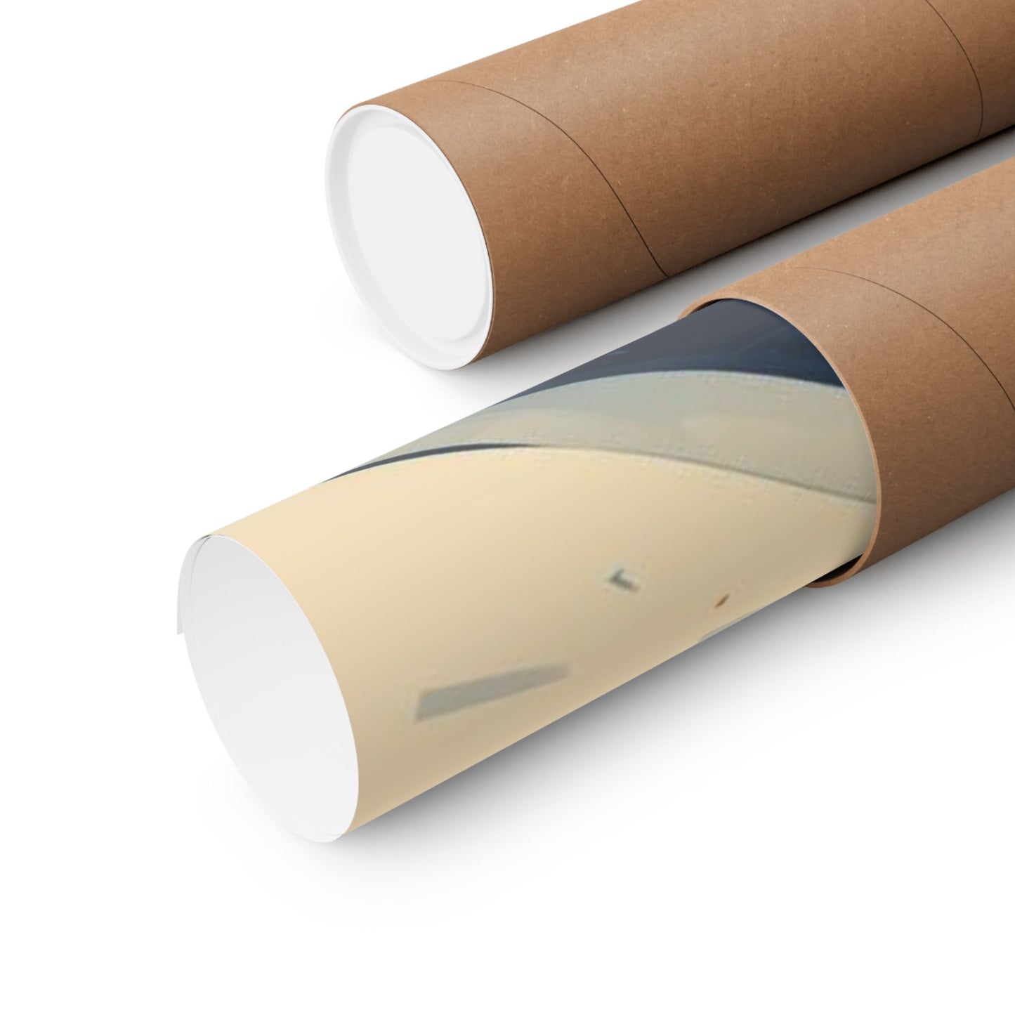 Two cardboard tubes with white ends on a white background