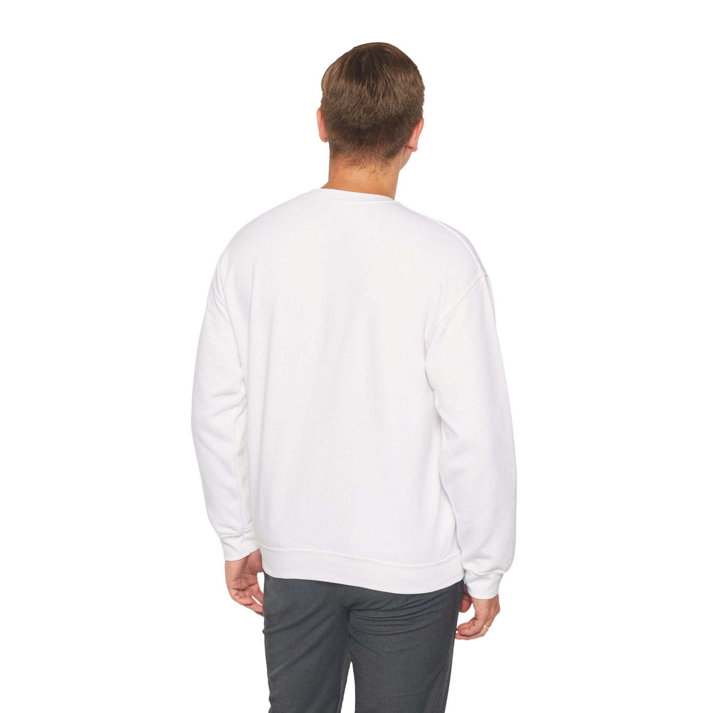 Back side of a man wearing a white sweatshirt on a white background