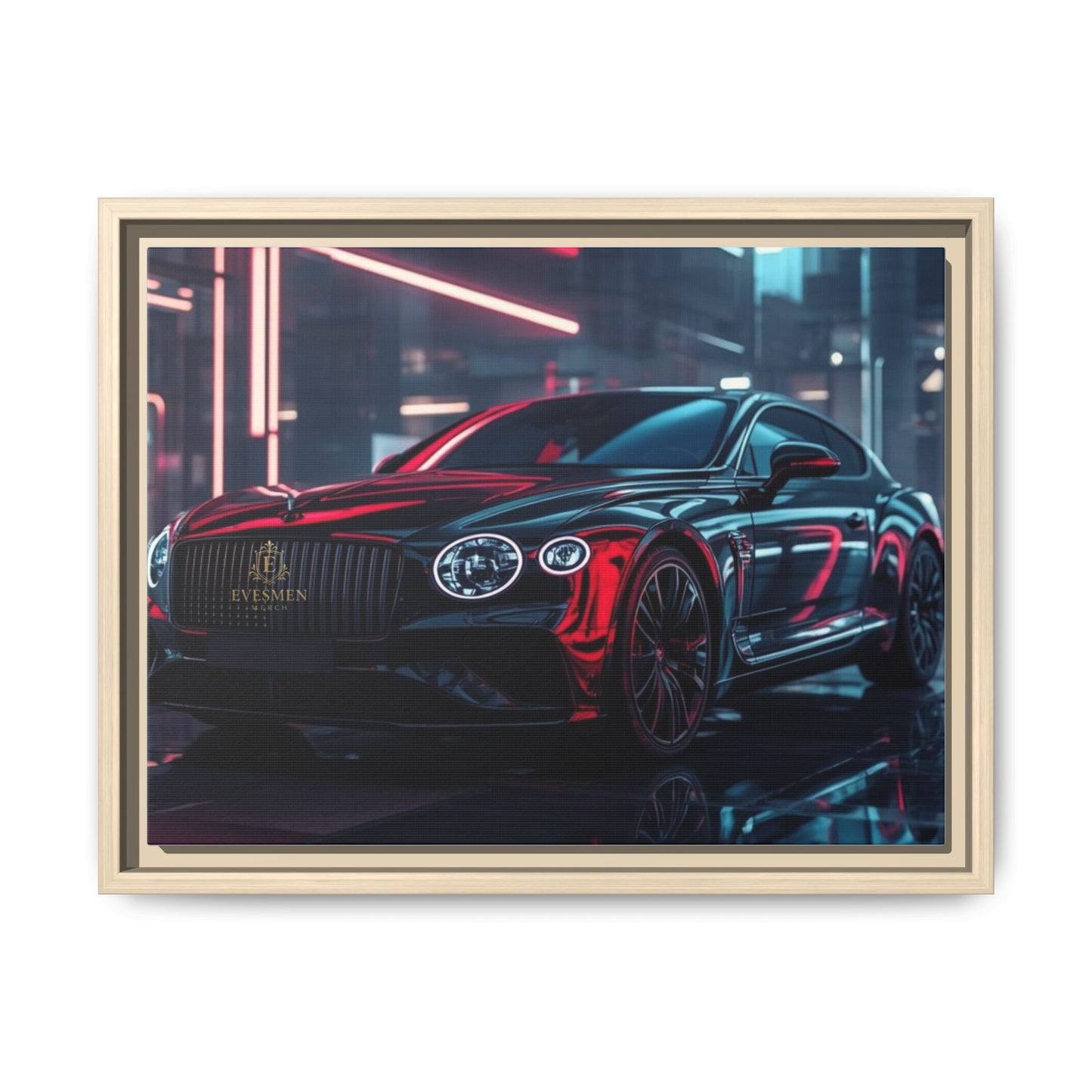 Framed Matte Canvas Print — Red Luxury Sports Car Neon City Wall Art