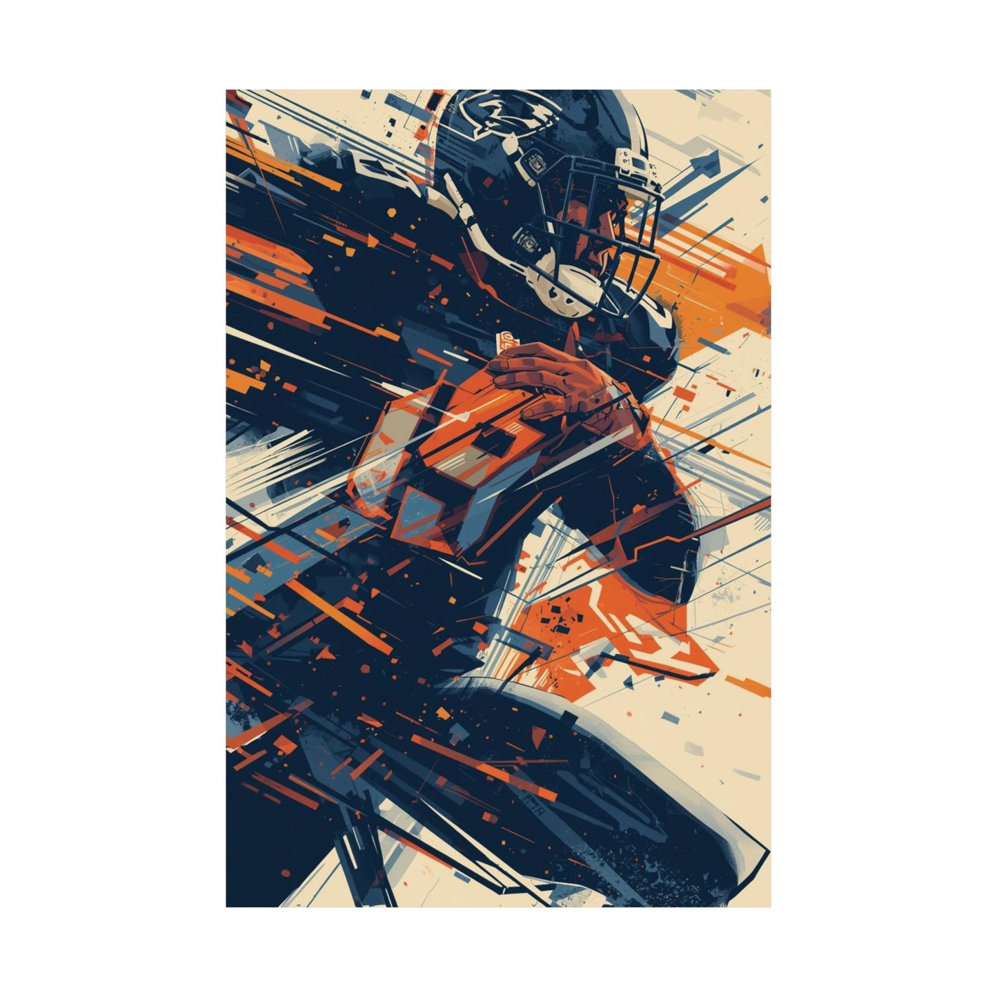Abstract art print of a football player with dynamic lines and shapes in orange, blue, and black on a white background.